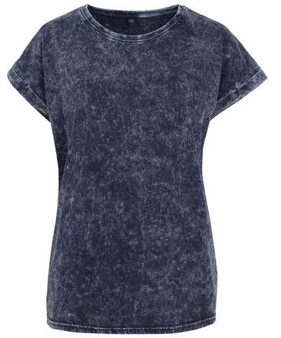 Damen Acid Wash T-Shirt mit überschnittenen Schultern | Indigo/Weiß