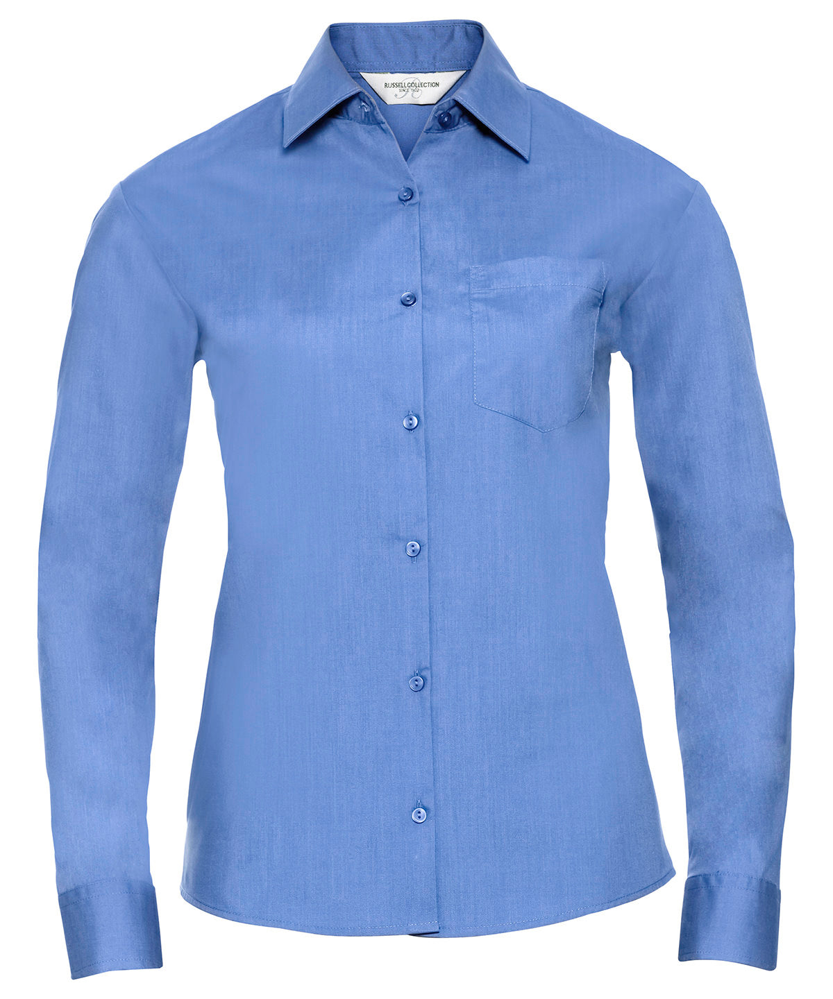 Camisa de popeln de polialgodn de manga larga fcil de cuidar para mujer | Azul Corporativo