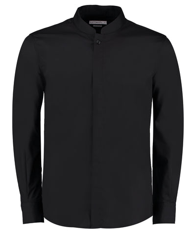 Camisa de cuello mao de manga larga (ajuste entallado) | Negro - Carbn