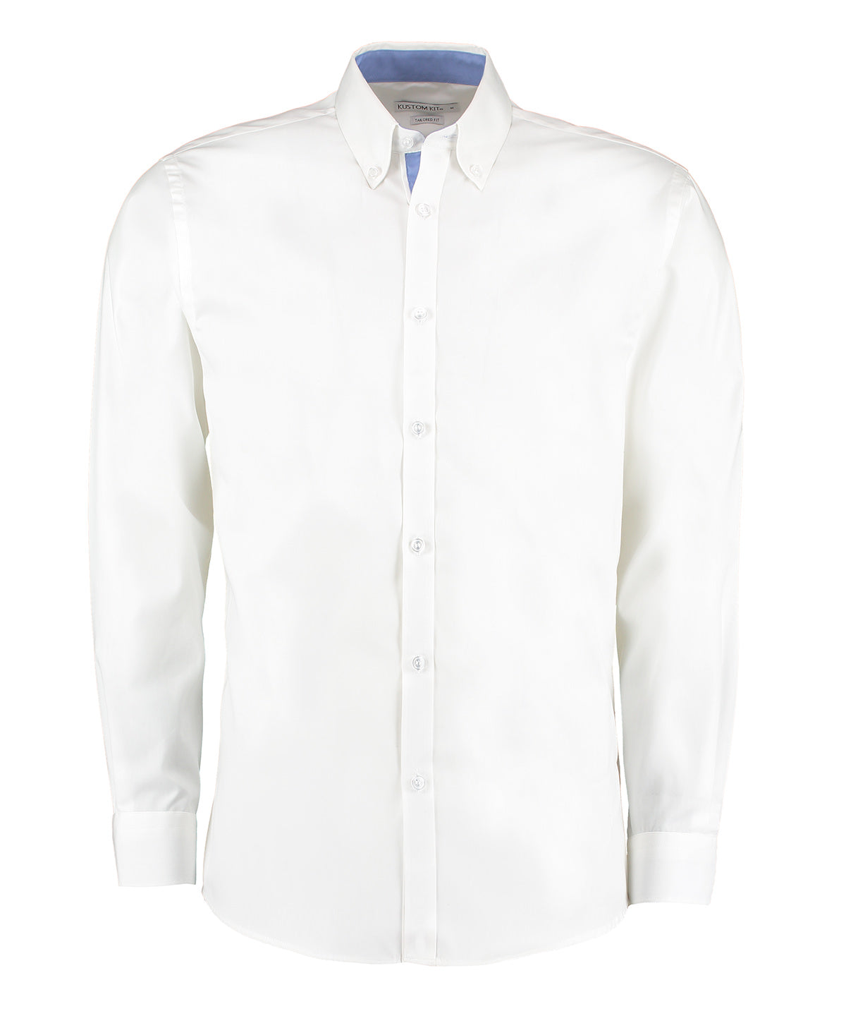 Camisa Oxford premium de contraste (cuello con botones) de manga larga (corte entallado) | Blanco/Azul Medio