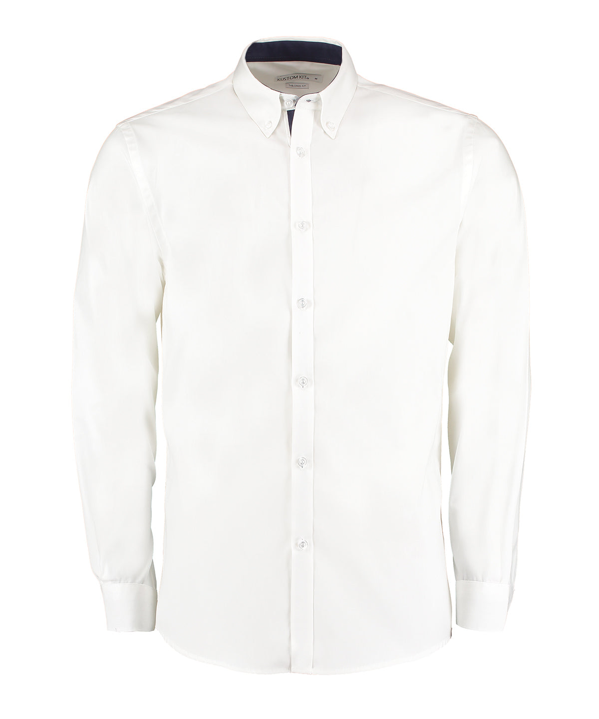 Camisa Oxford premium de contraste (cuello con botones) de manga larga (corte entallado) | Blanco/Marino