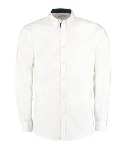 Camisa Oxford premium de contraste (cuello con botones) de manga larga (corte entallado) | Blanco/Marino