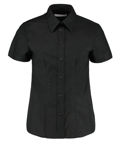 Blusa Oxford de manga corta para mujer en el entorno laboral (ajuste entallado) | Negro - Carbn