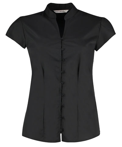 Damen Continental Bluse mit Mao-Kragen und kurzen Ärmeln (Slim Fit) | Schwarz - Anthrazit