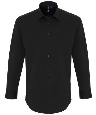 Camisa de manga larga de algodn popeln con ajuste elstico | Negro - Carbn Oscuro