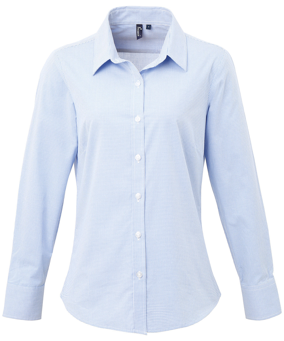 Camisa de algodn de manga larga para mujer de microcuadros (gingham) | Azul Claro/Blanco