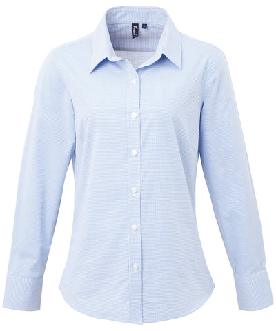 Camisa de algodn de manga larga para mujer de microcuadros (gingham) | Azul Claro/Blanco