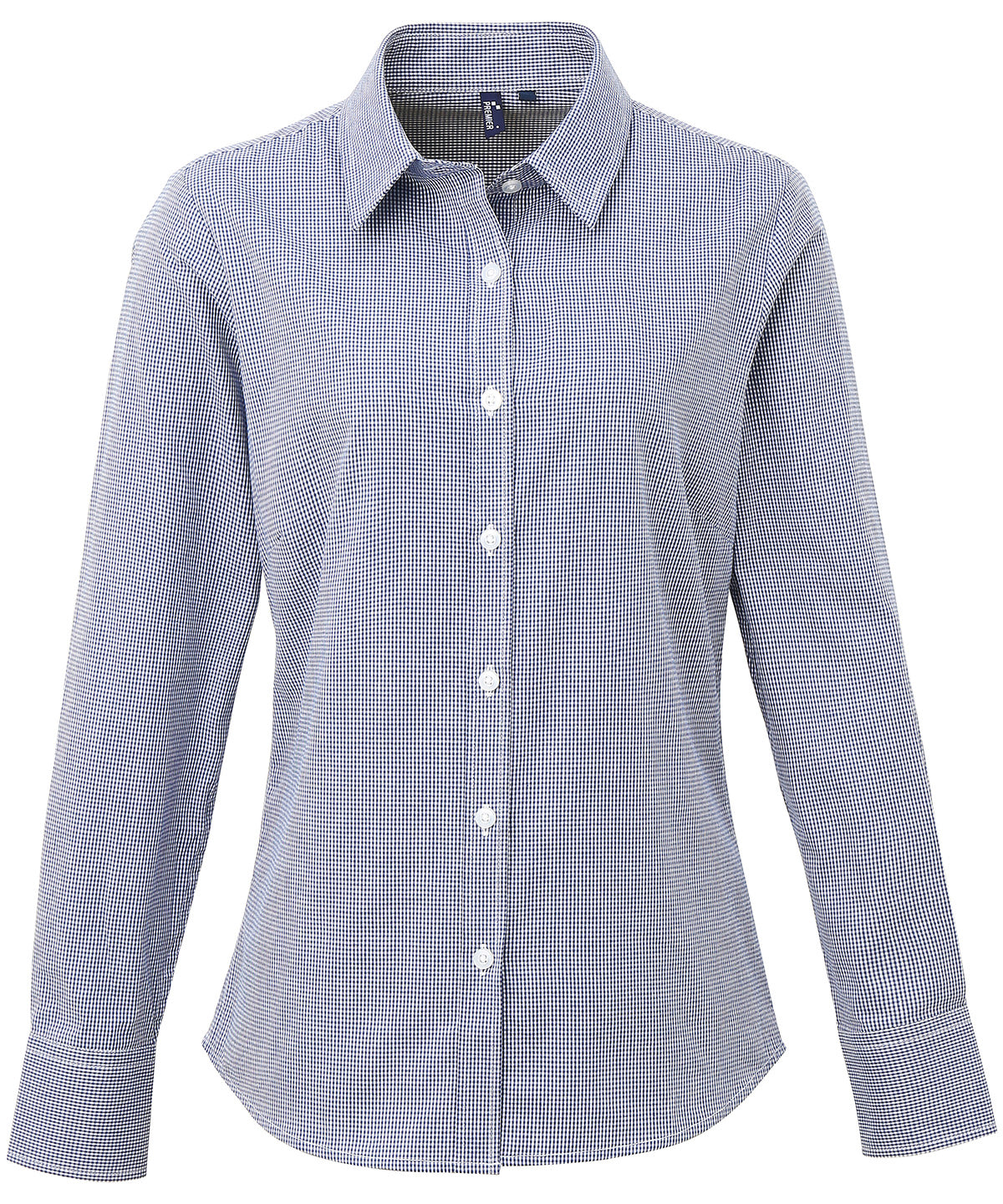 Camisa de algodn de manga larga para mujer de microcuadros (gingham) | Azul Marino/Blanco