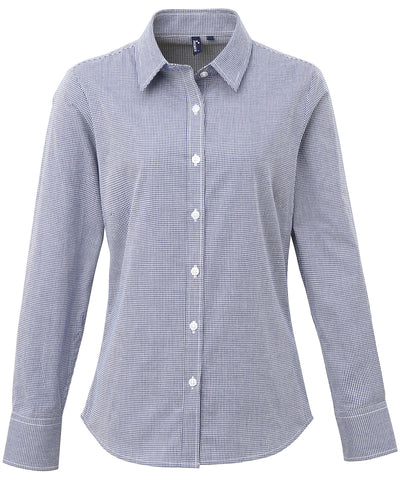 Camisa de algodn de manga larga para mujer de microcuadros (gingham) | Azul Marino/Blanco