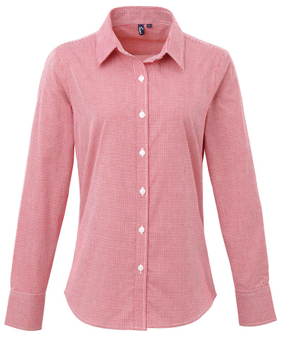 Camisa de algodn de manga larga para mujer de microcuadros (gingham) | Rojo/Blanco