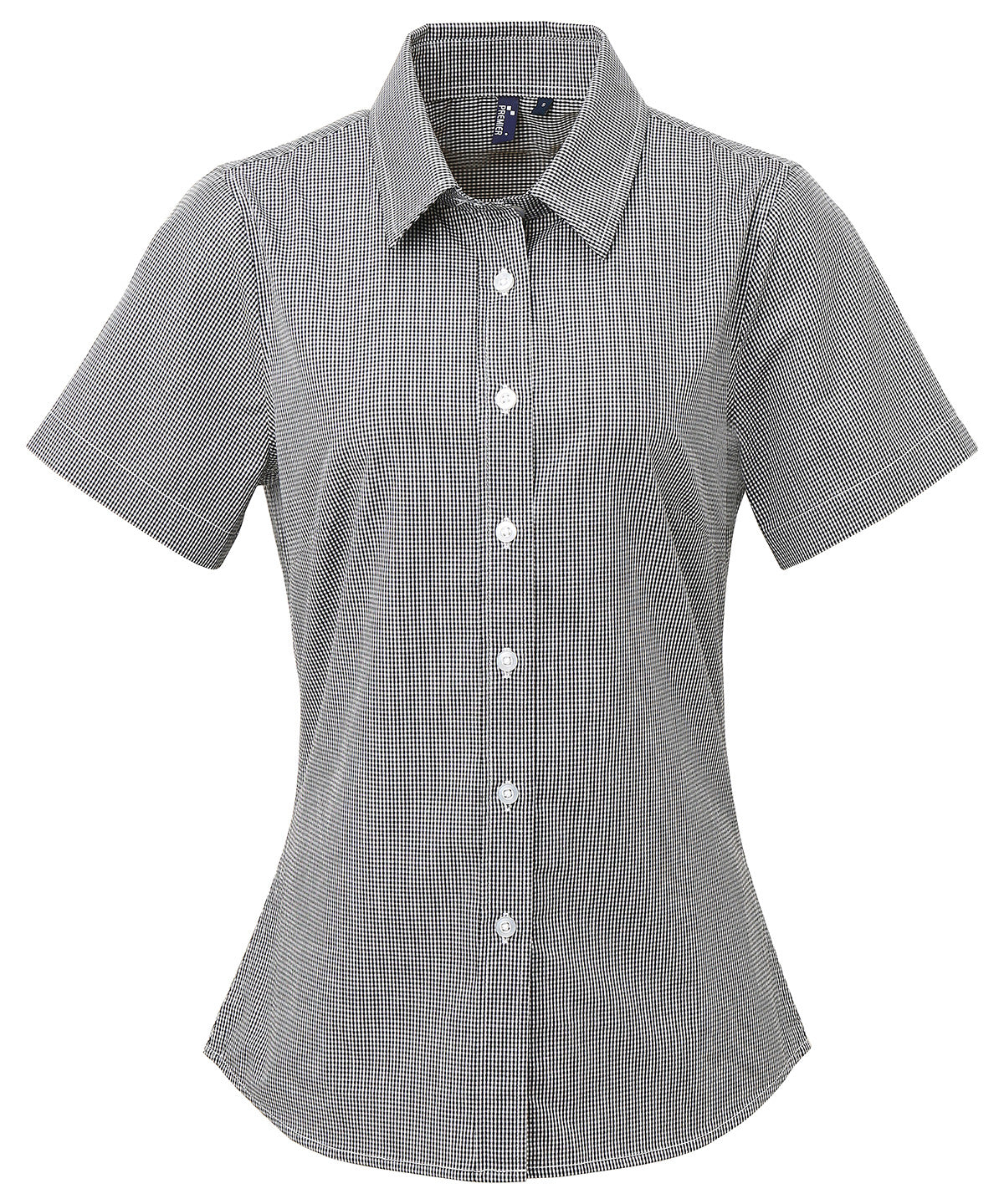 Camisa de algodn de manga corta para mujer con microcuadros (gingham) | Negro/Blanco