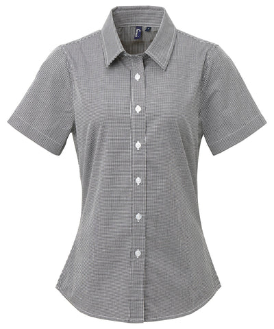 Camisa de algodn de manga corta para mujer con microcuadros (gingham) | Negro/Blanco