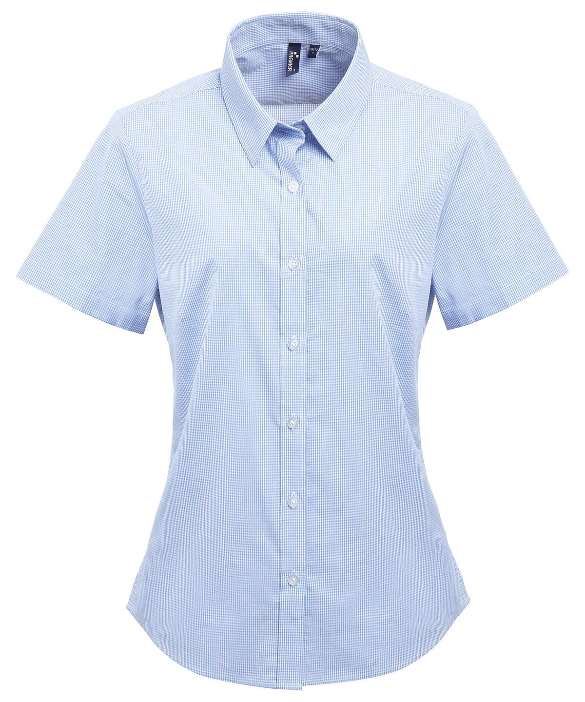 Camisa de algodn de manga corta para mujer con microcuadros (gingham) | Azul Claro/Blanco