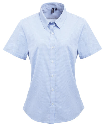 Camisa de algodn de manga corta para mujer con microcuadros (gingham) | Azul Claro/Blanco