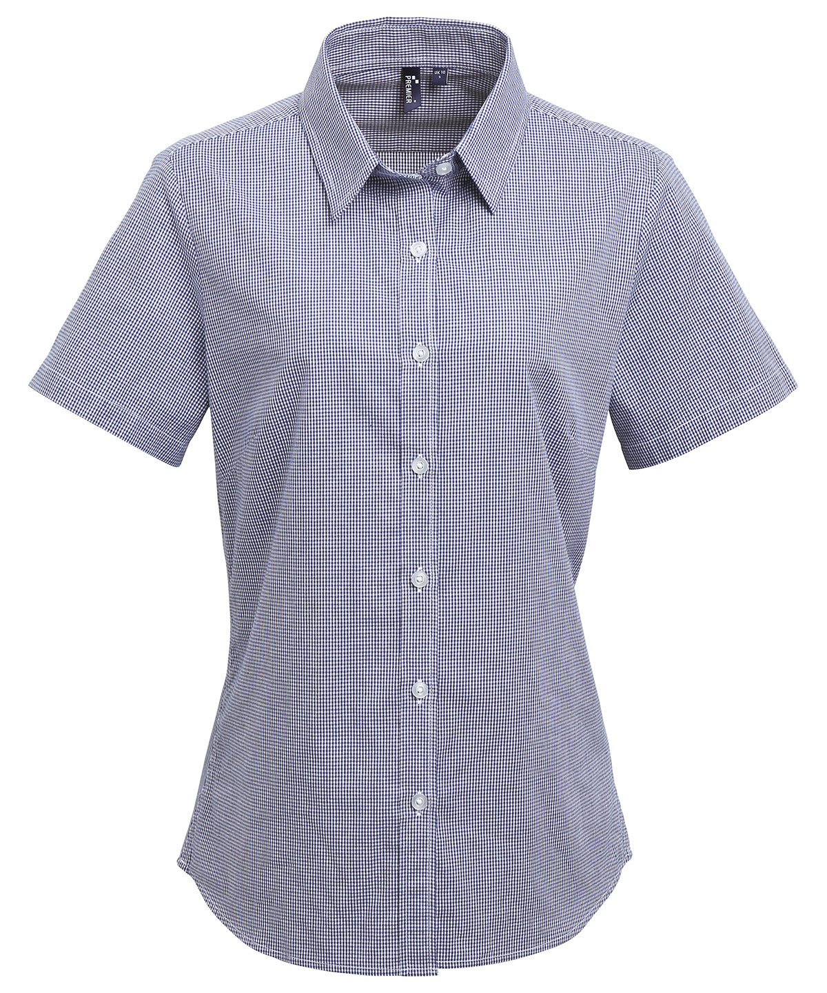Camisa de algodn de manga corta para mujer con microcuadros (gingham) | Azul Marino/Blanco