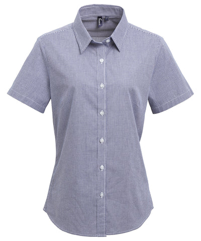 Camisa de algodn de manga corta para mujer con microcuadros (gingham) | Azul Marino/Blanco
