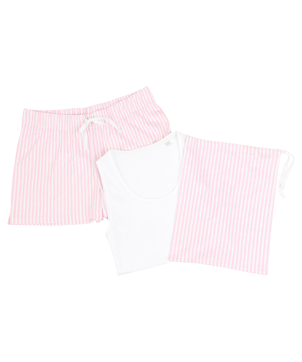 Kurzes Damen-Pyjama-Set (in einer Tasche) | Weiß/Rosa/Weiß gestreift