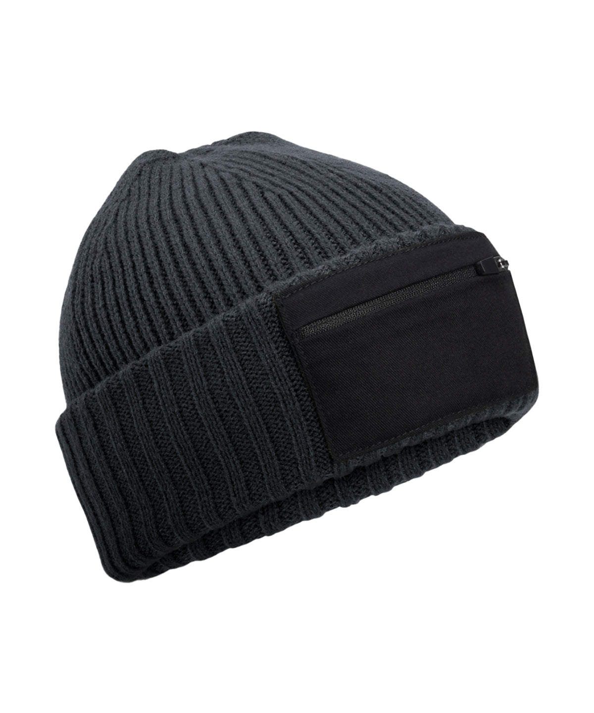 Beanie mit Reißverschluss-Patch | Graphitgrau/Schwarz