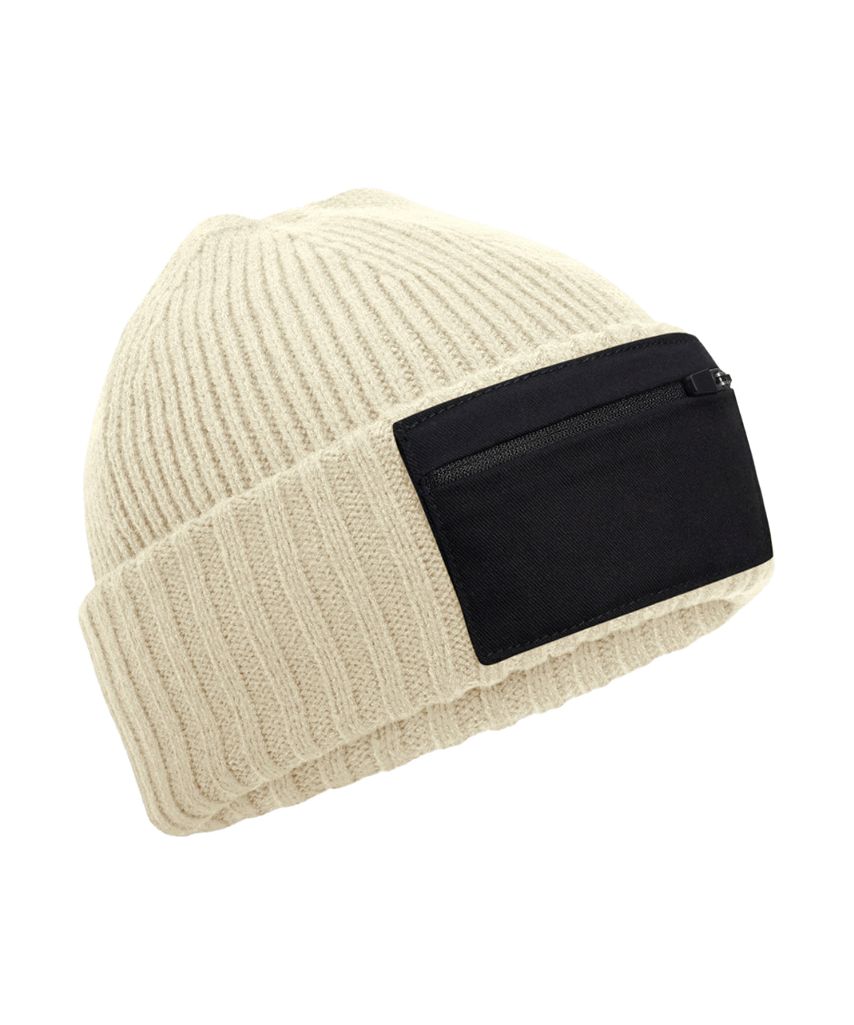 Beanie mit Reißverschluss-Patch | Sand/Schwarz