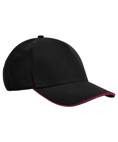 EarthAware® Klassische 5-Panel-Kappe aus Bio-Baumwolle mit Sandwich-Schirm | Schwarz/Klassisches Rot