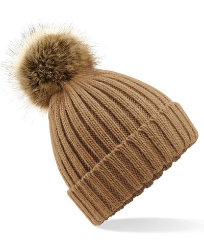 Gorro de punto grueso con pompn de piel sinttica | Beige