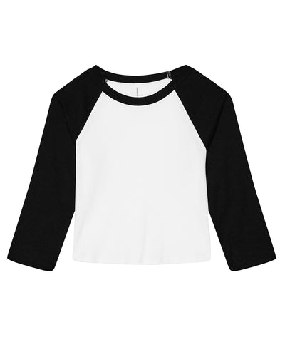 Camiseta de beb ragln de manga 3/4 de micro costilla para mujer | Blanco/Negro