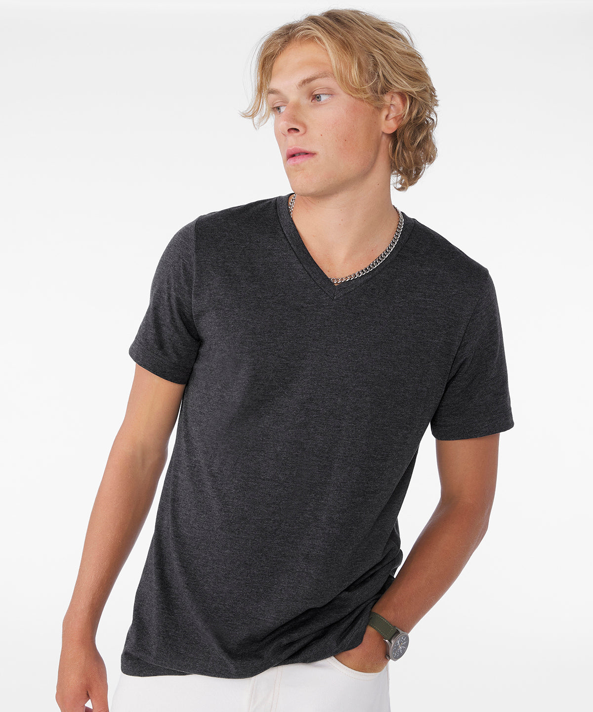 Camiseta unisex de manga corta y cuello en V en mezcla de algodn y polister (CVC) | Gris Oscuro Jaspeado