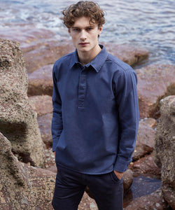 Camisa de franela con cuello de pico | Azul Marino Lavado