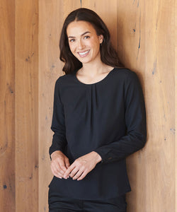 Blusa de mujer de manga larga con pliegues en la parte delantera | Negro