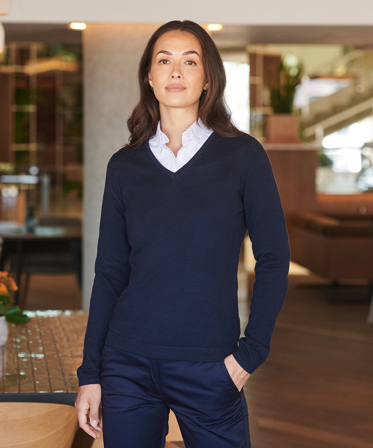 Jersey de cuello en V para mujer de calibre 12 | Azul Marino