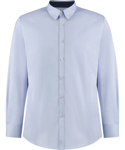 Camisa Oxford premium de contraste (cuello con botones) de manga larga (corte entallado) | Azul Claro/Marino