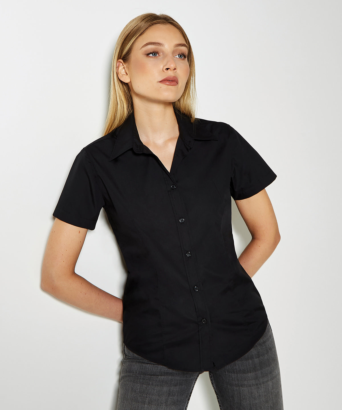 Blusa de manga corta para mujer para el trabajo (corte clsico) | Marfil