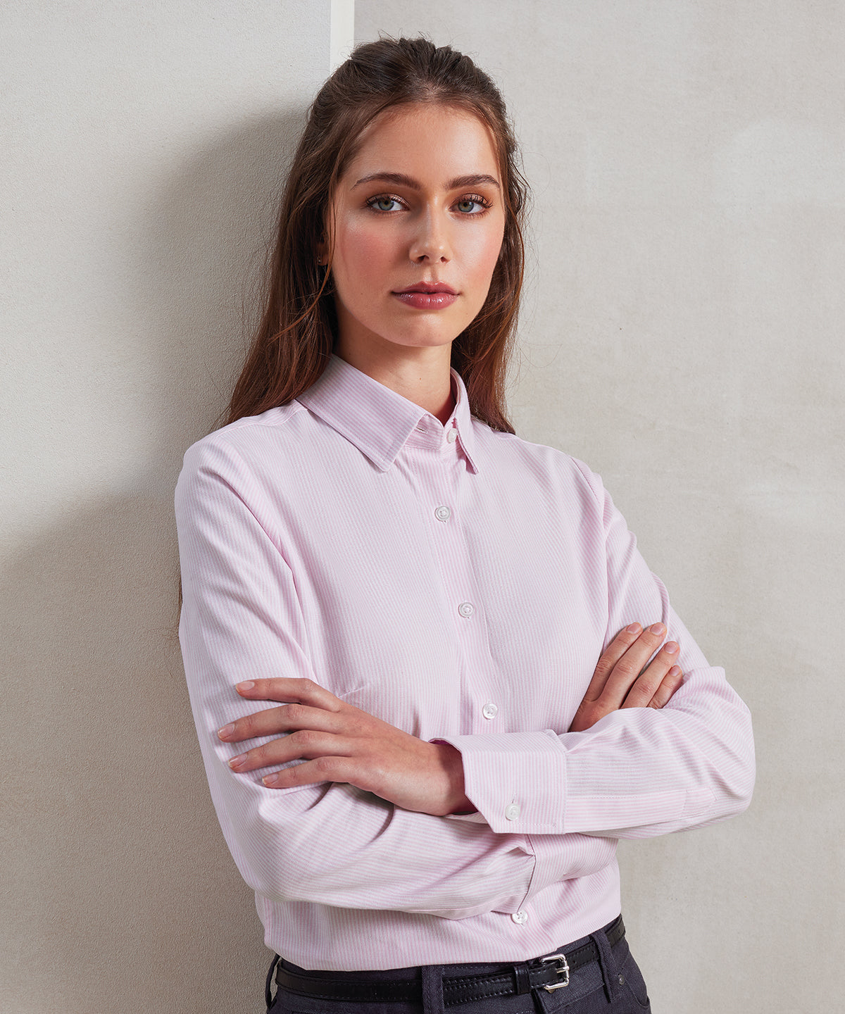 Blusa de rayas Oxford de algodn para mujer | Blanco/Rosa