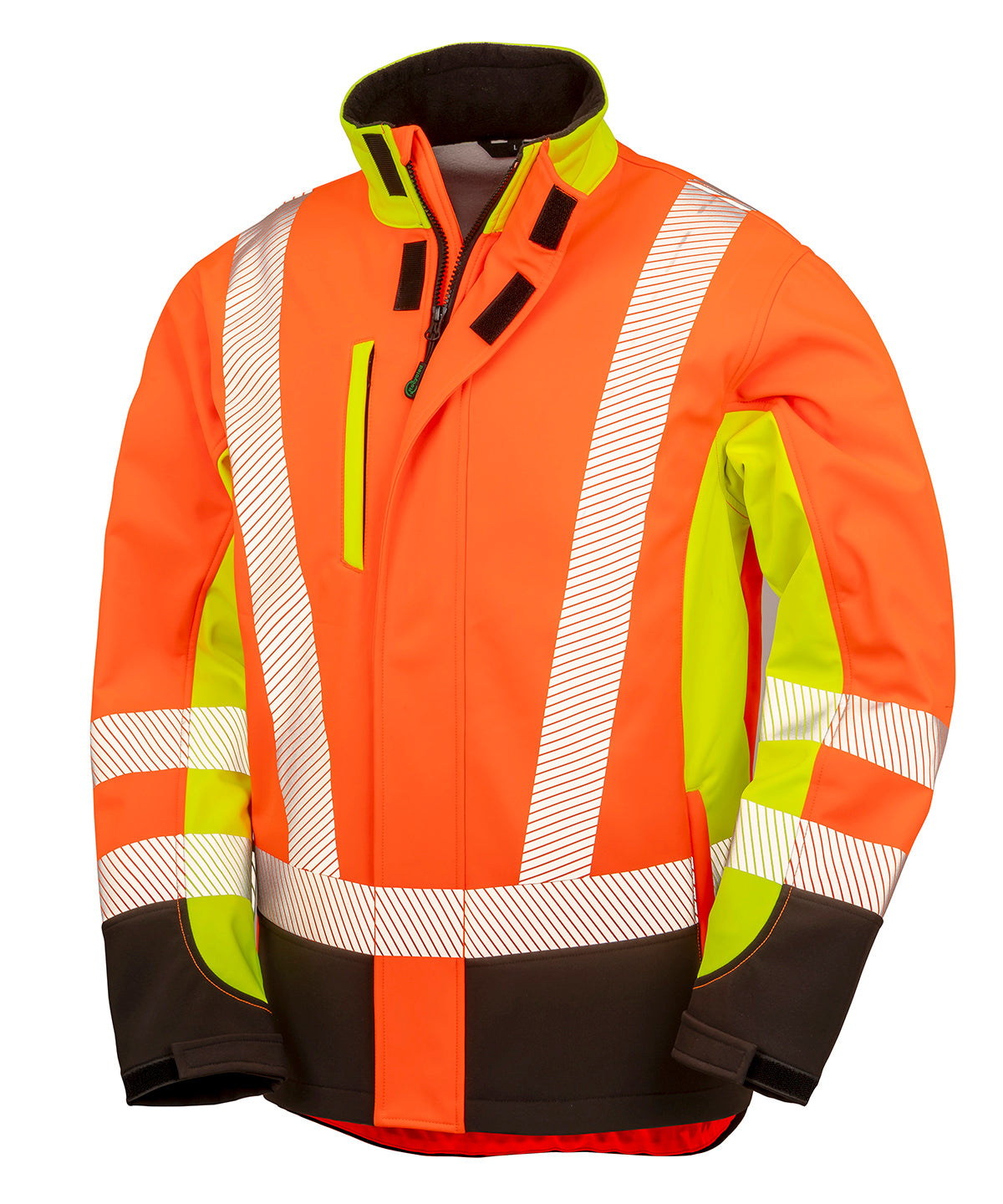 3-lagiges recyceltes Sicherheits-Softshell mit 3-Ton-Druck | Fluoreszierendes Gelb/Fluoreszierendes Orange/Schwarz