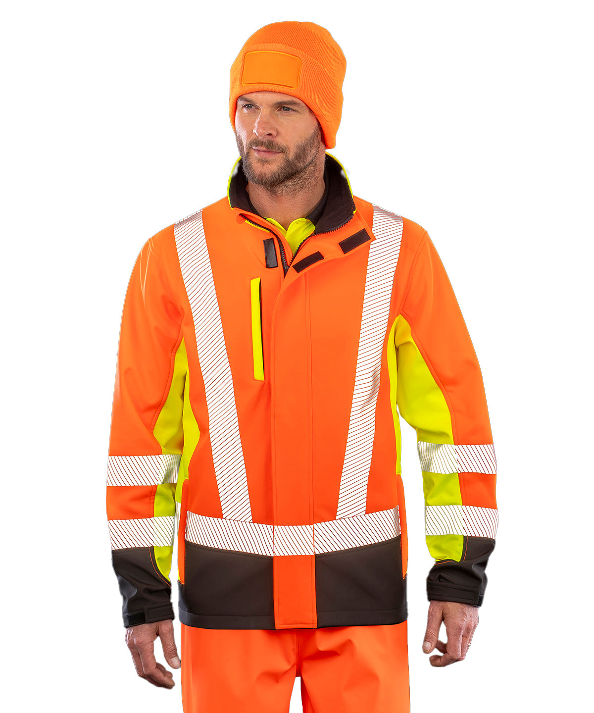 3-lagiges recyceltes Sicherheits-Softshell mit 3-Ton-Druck | Fluoreszierendes Gelb/Fluoreszierendes Orange/Schwarz