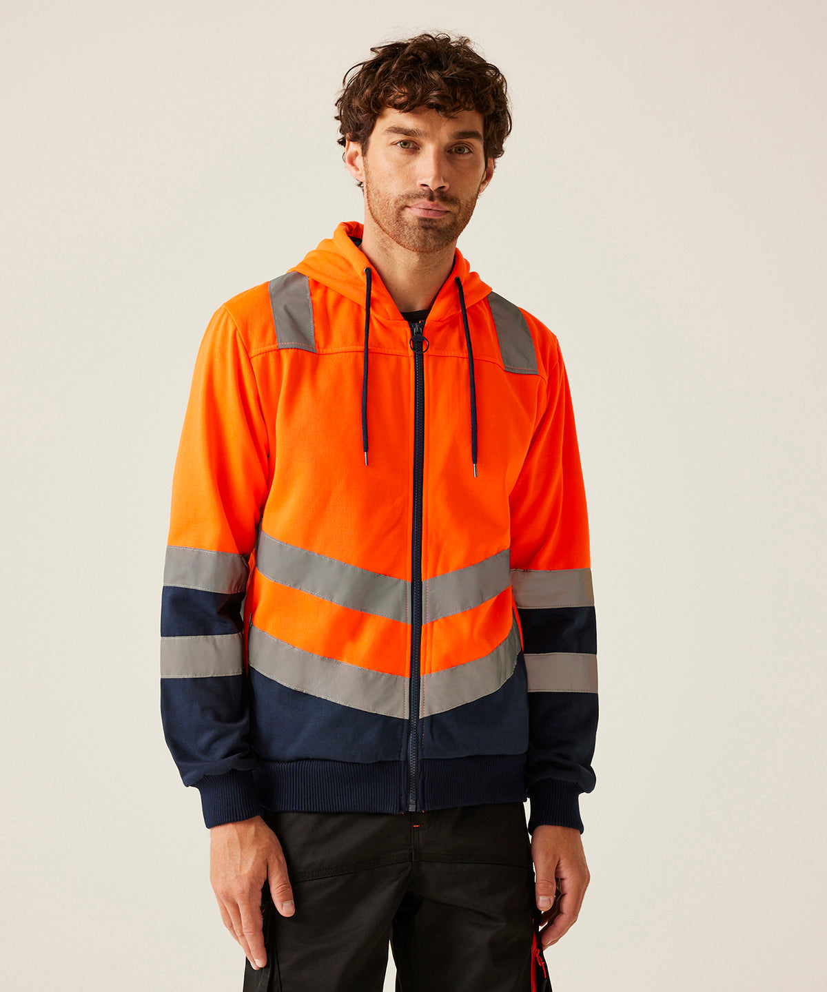 Sudadera con capucha Pro hi-vis con cremallera completa | Naranja/Marino