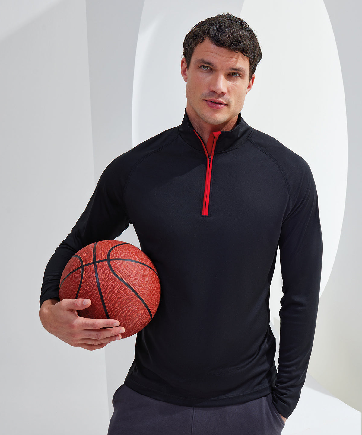 Camiseta de manga larga TriDri® con cremallera para rendimiento | Negro/Rojo