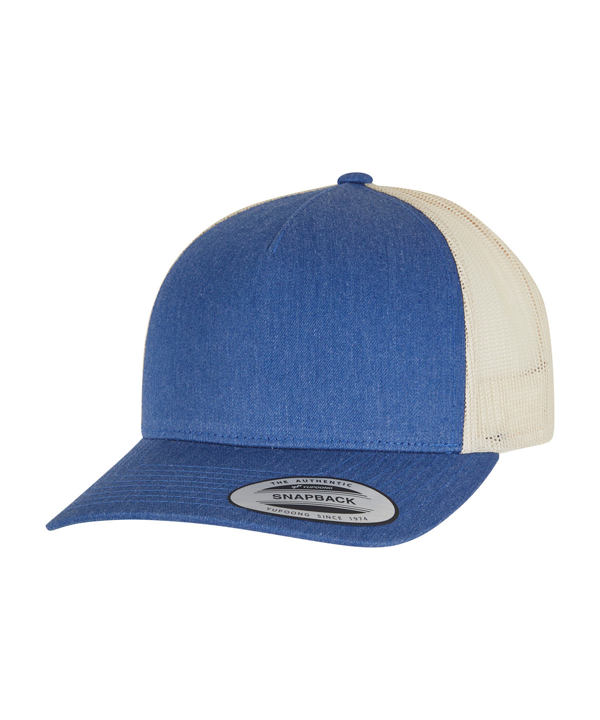 Gorra trucker retro de 5 paneles en 2 tonos (6506T) | Azul/Beige